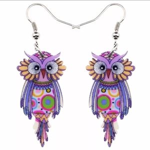 Multi Colored Acrylic Owl Drop Earrings